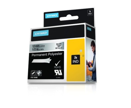 Fita Original DYMO 18486 12mm x 5.5m Texto preto sobre fundo prateado