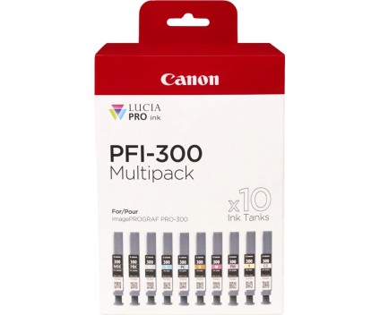 10 Tinteiros Originais, Canon PFI-300 Preto 14.4ml + cor 14.4ml