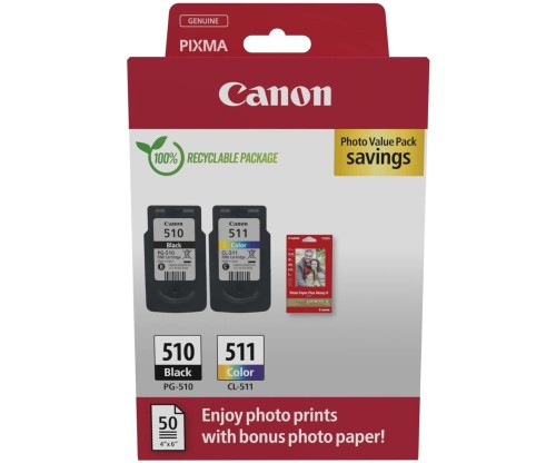 2 Tinteiros Originais, Canon PG-510 / CL-511 Preto 9ml + Cor 9ml + Papel Foto