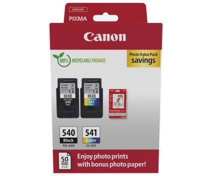 2 Tinteiros Originais, Canon PG-540 / CL-541 Preto 8ml + Cor 8ml + 50 Folhas 10x15cm