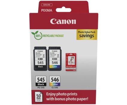 2 Tinteiros Originais, Canon PG-545 / CL-546 Preto 8ml + Cor 8ml + 50 Folhas 10x15cm