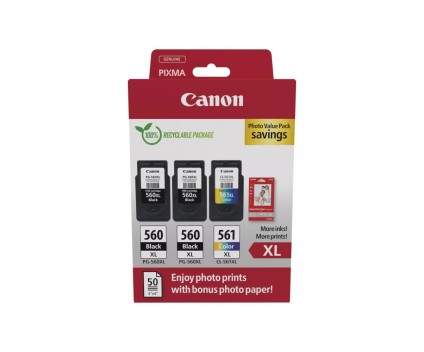 3 Tinteiros Originais, 2 Canon PG-560 XL Preto 14.3ml + 1 CL-561 XL Cor 12.2ml + 50 Folhas 10x15cm